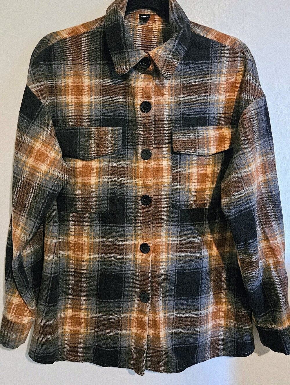 SHEIN Women’s Plaid Shacket Size M Black Orange Gray Button Front